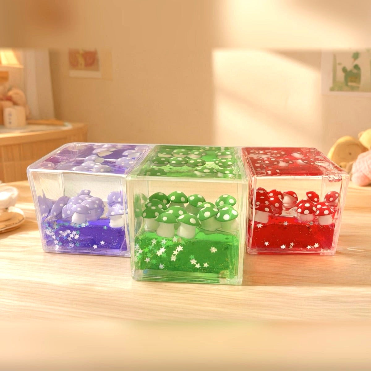 Acrylic liquid wiggler mushroom cubes in purple, green and red