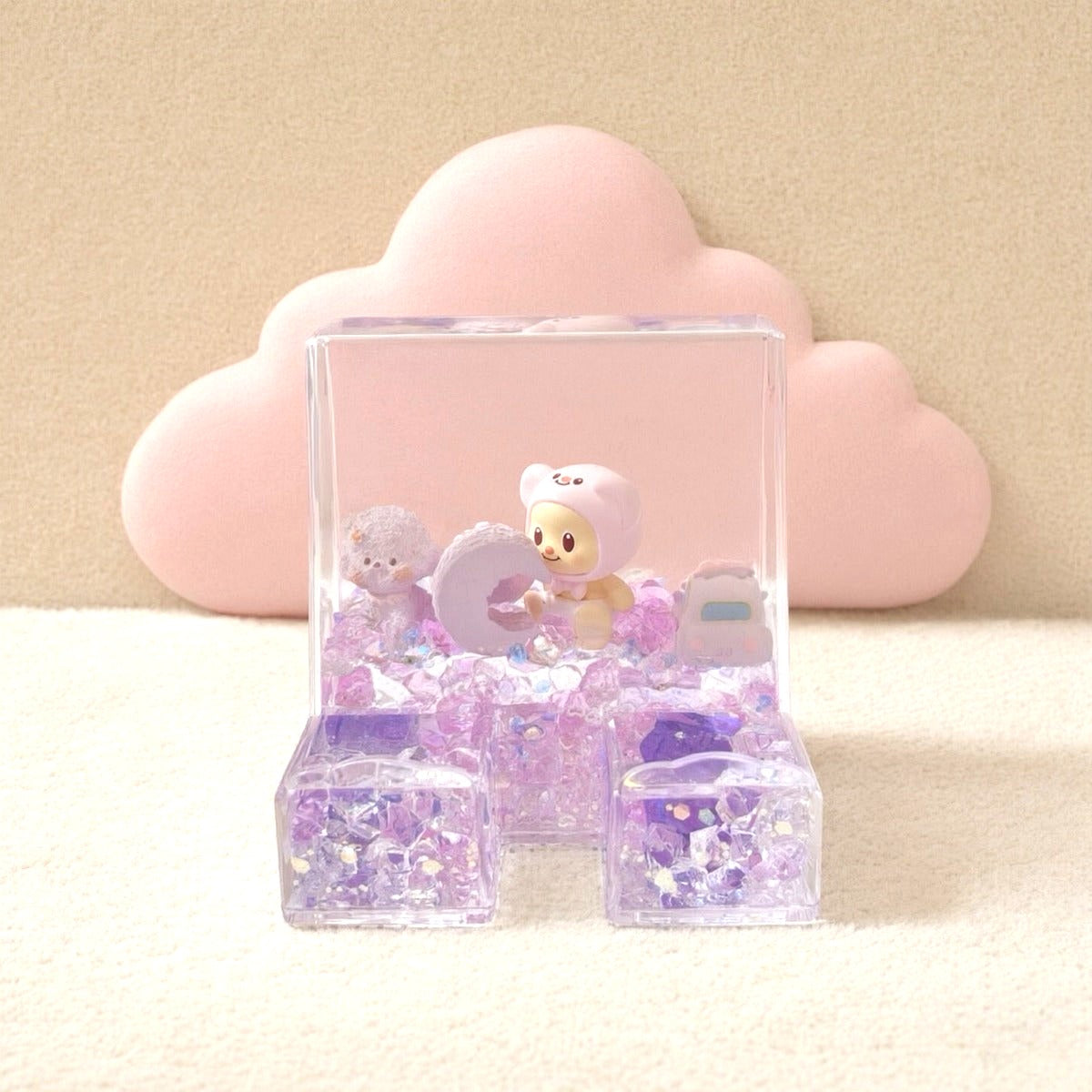 Acrylic liquid wiggler phone stand with purple moonlight bear - front view