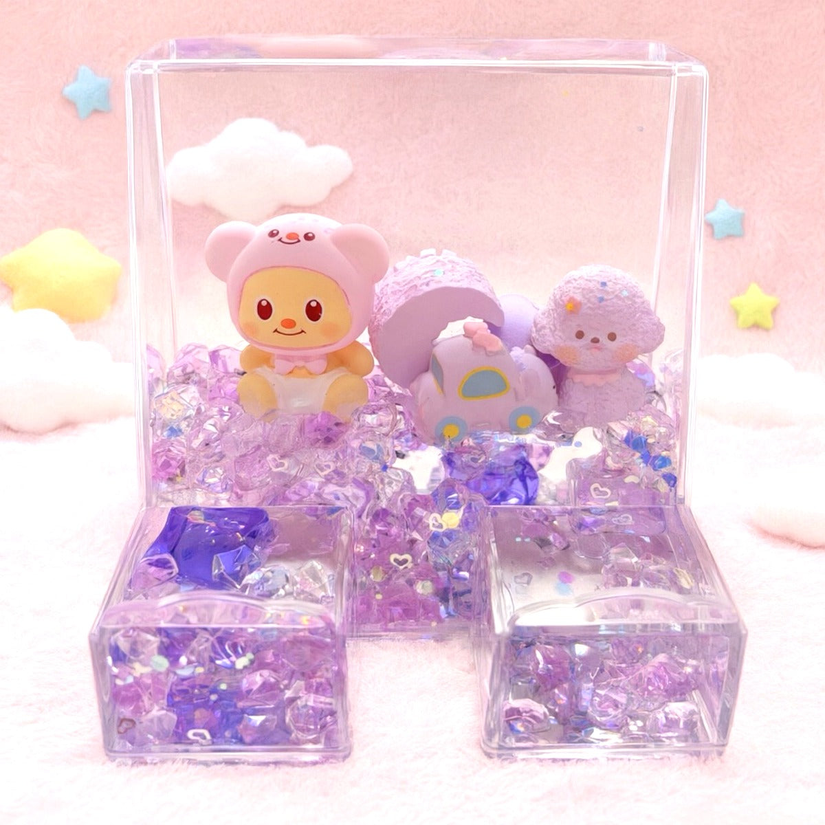 Acrylic liquid wiggler phone stand with purple moonlight bear - front view on cloud backdrop