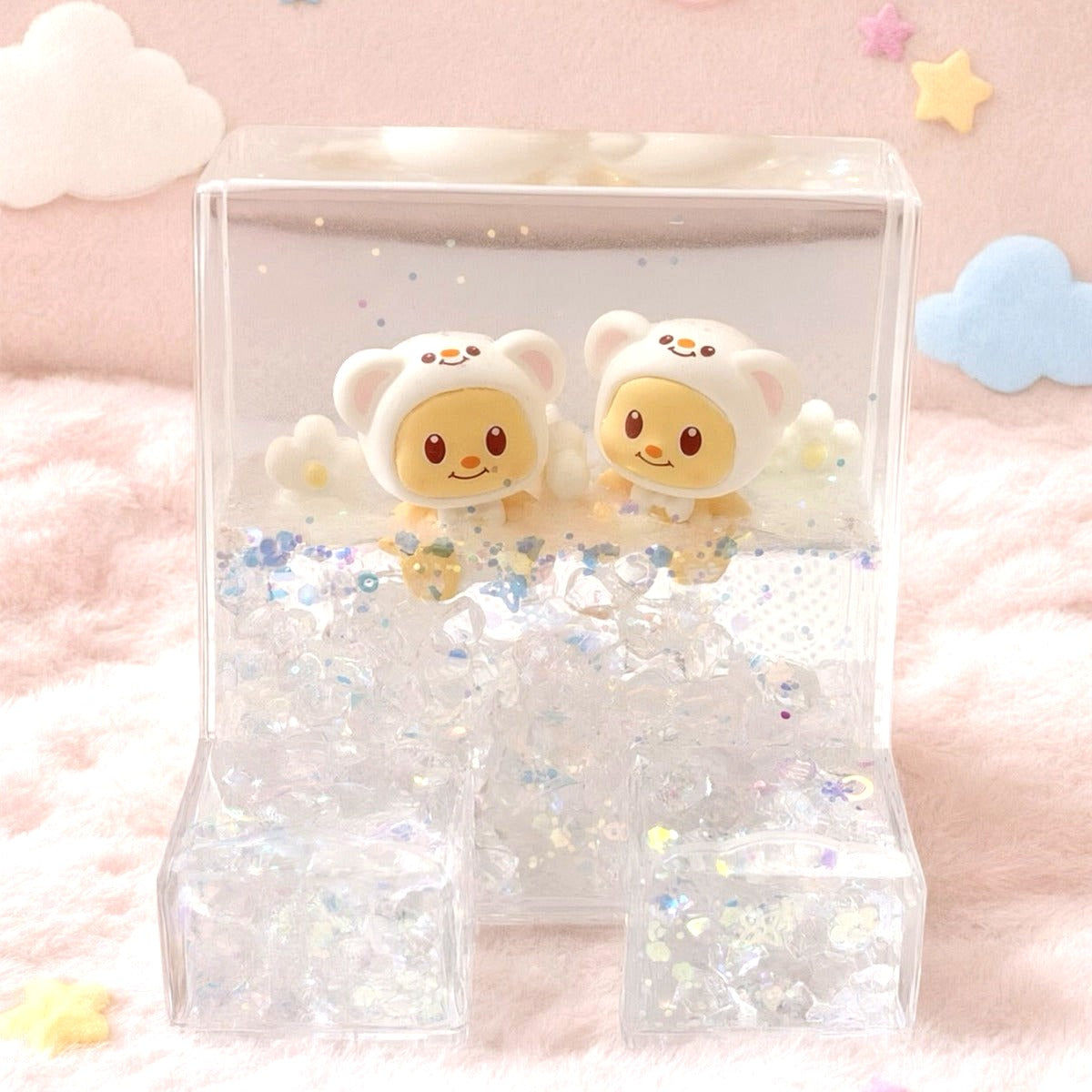 Acrylic liquid wiggler phone stand with white twin bears - front view
